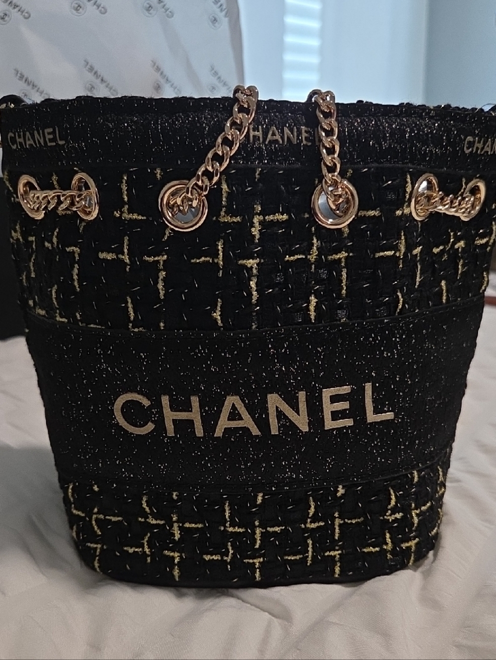 CHANEL Black and Gold Tweed Chain-bucket Bag GWP